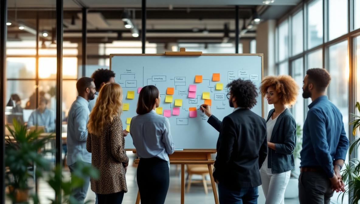 Team bespricht KI-Strategie am Whiteboard mit Post-its