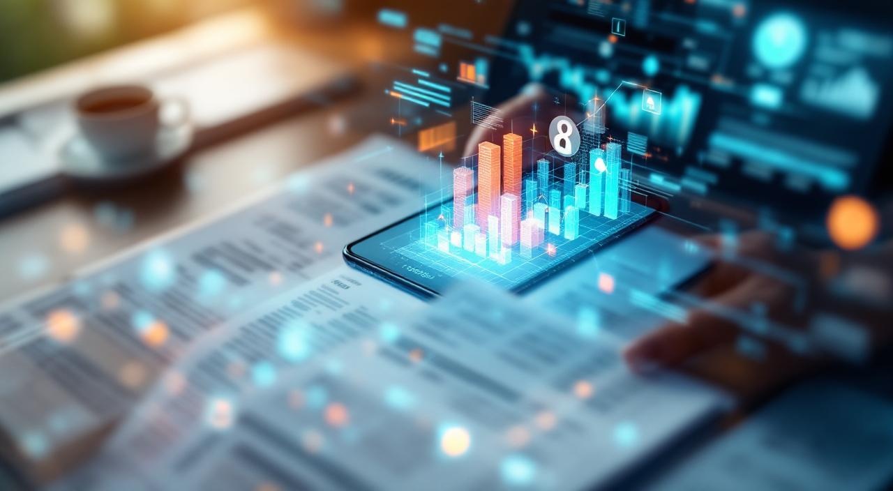 Smartphone scannt Papierrechnung, Datenextraktion-Visualisierung im Hintergrund