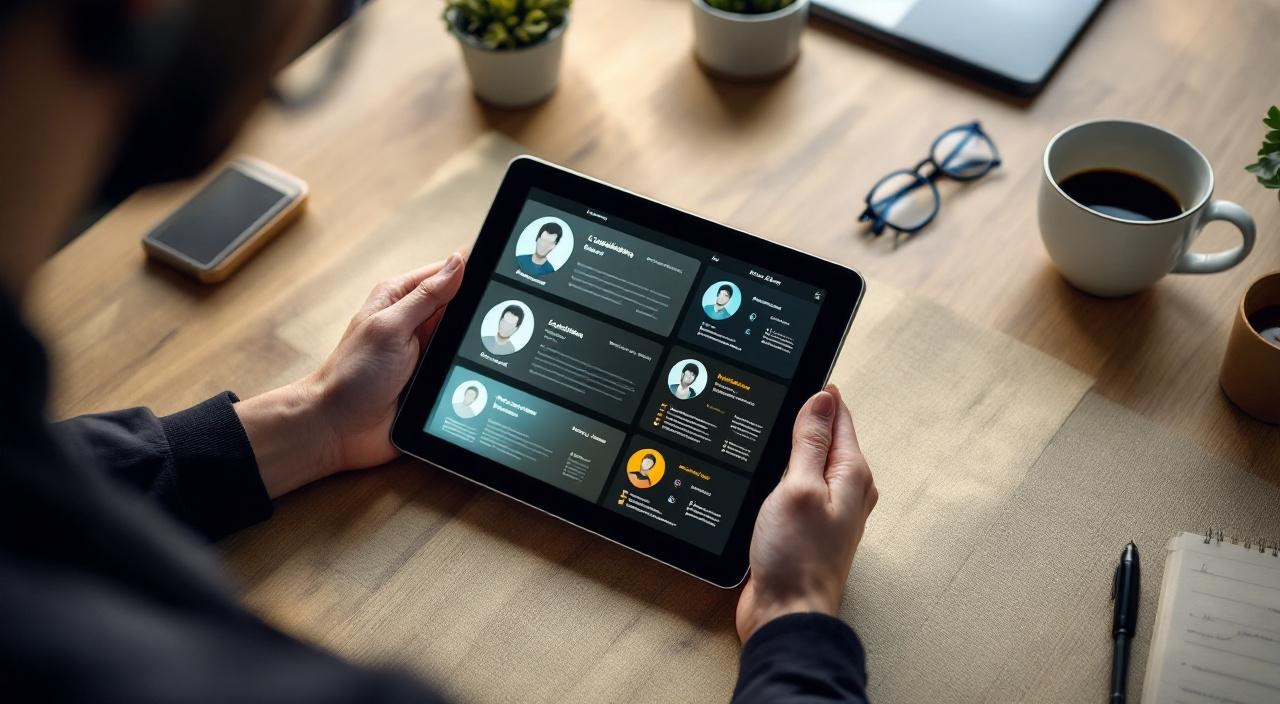 Personalverantwortliche prüft Bewerberdaten am Tablet, modern Office