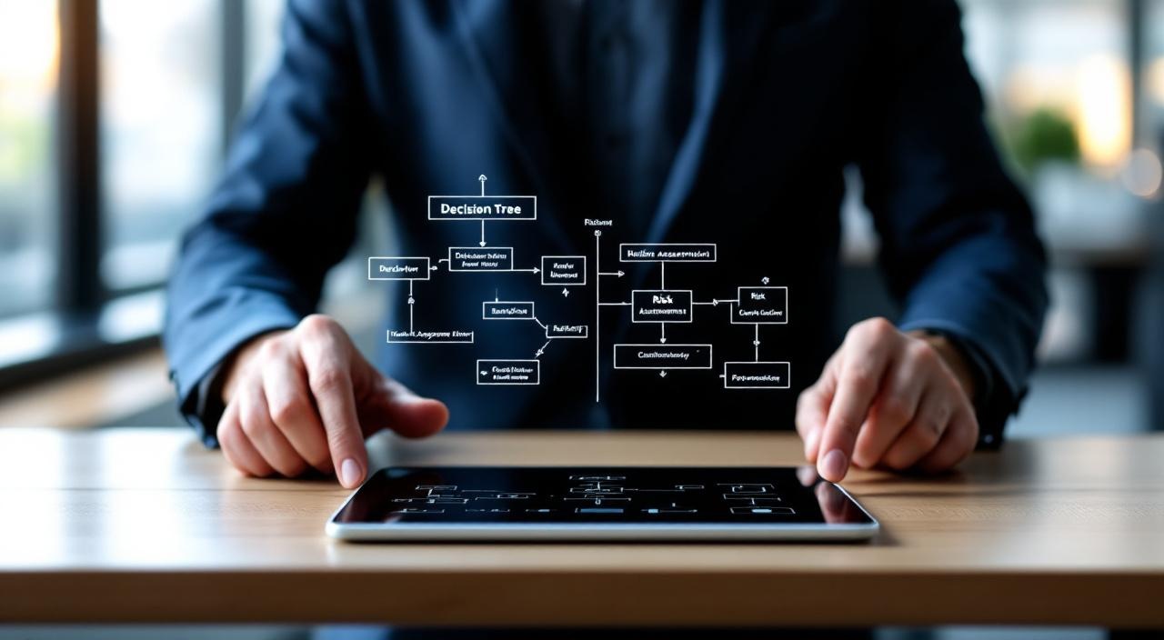 Abstrakter Entscheidungsbaum mit verzweigten Pfaden über Tablet auf Schreibtisch