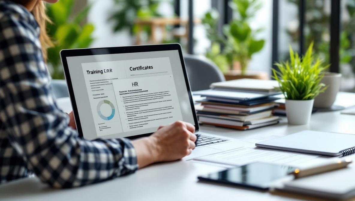 HR-Managerin dokumentiert Schulungsnachweis auf Laptop mit Zertifikaten auf dem Schreibtisch