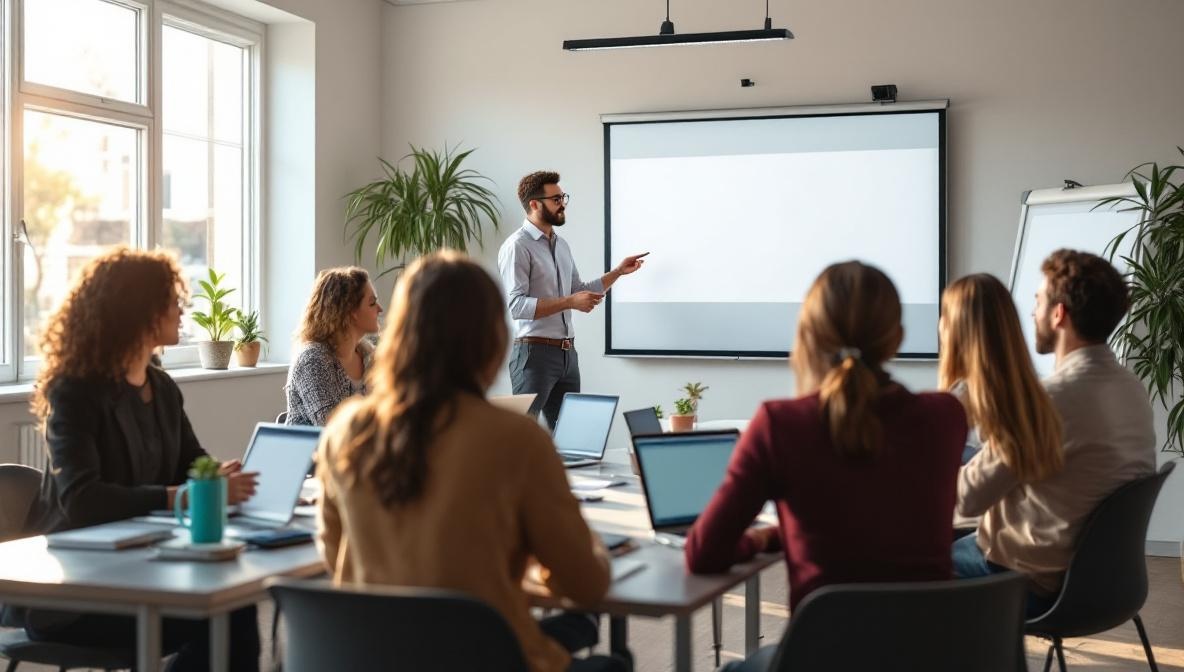 Mitarbeiter in einer KI-Schulung mit Laptops in modernem Schulungsraum