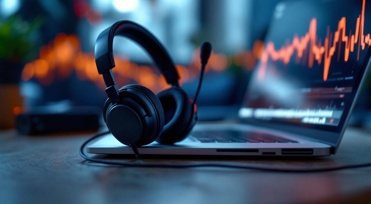 Modernes Headset neben Laptop mit abstrakter Schallwellen-Visualisierung
