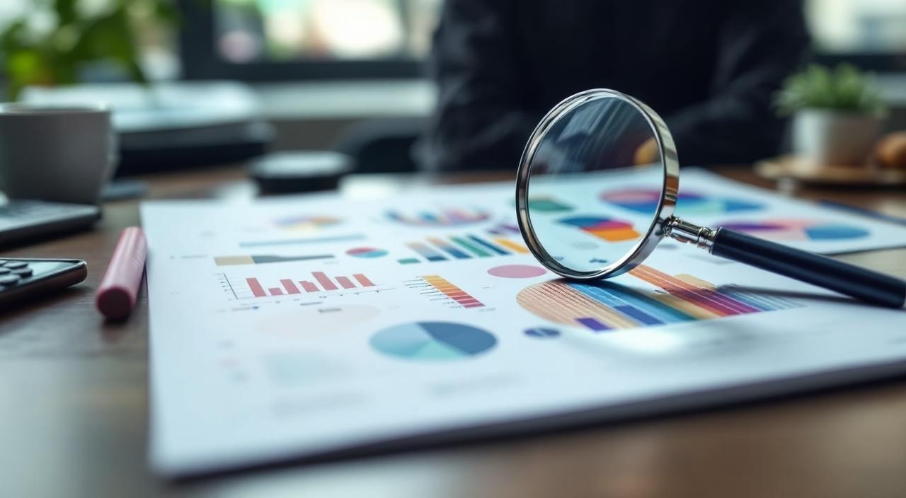 Dokument mit Lupe über Schreibtisch, Inklusions-Muster im Hintergrund