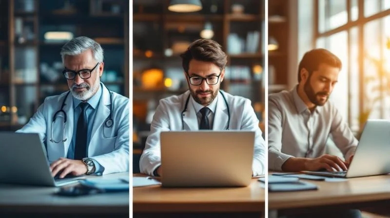 Arzt, Anwalt und Steuerberater an ihren Schreibtischen mit Laptops