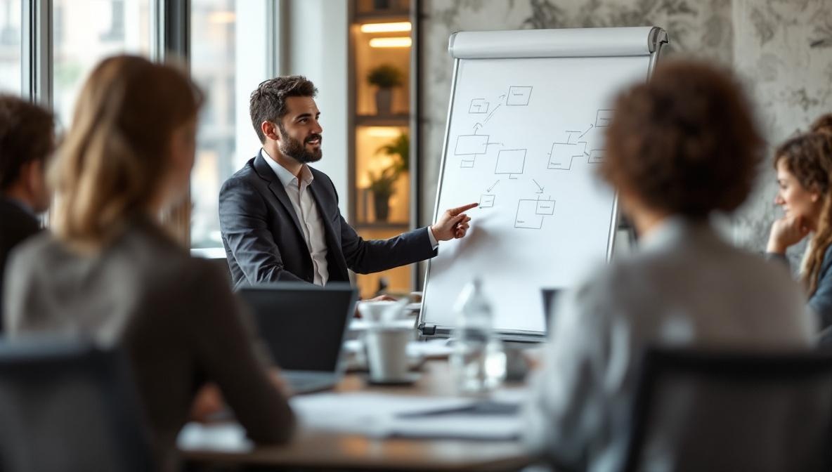 CEO in Besprechungsraum mit Strategie-Whiteboard, modernes Mittelstandsbüro