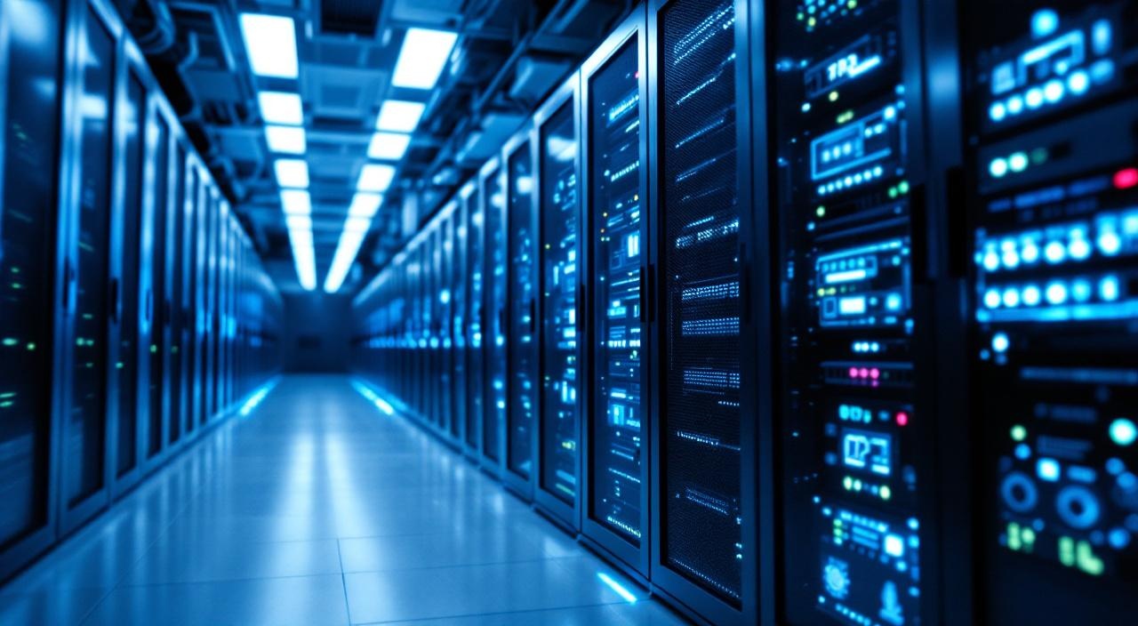 Modernes Rechenzentrum mit Server-Racks in kühlem blauen Licht