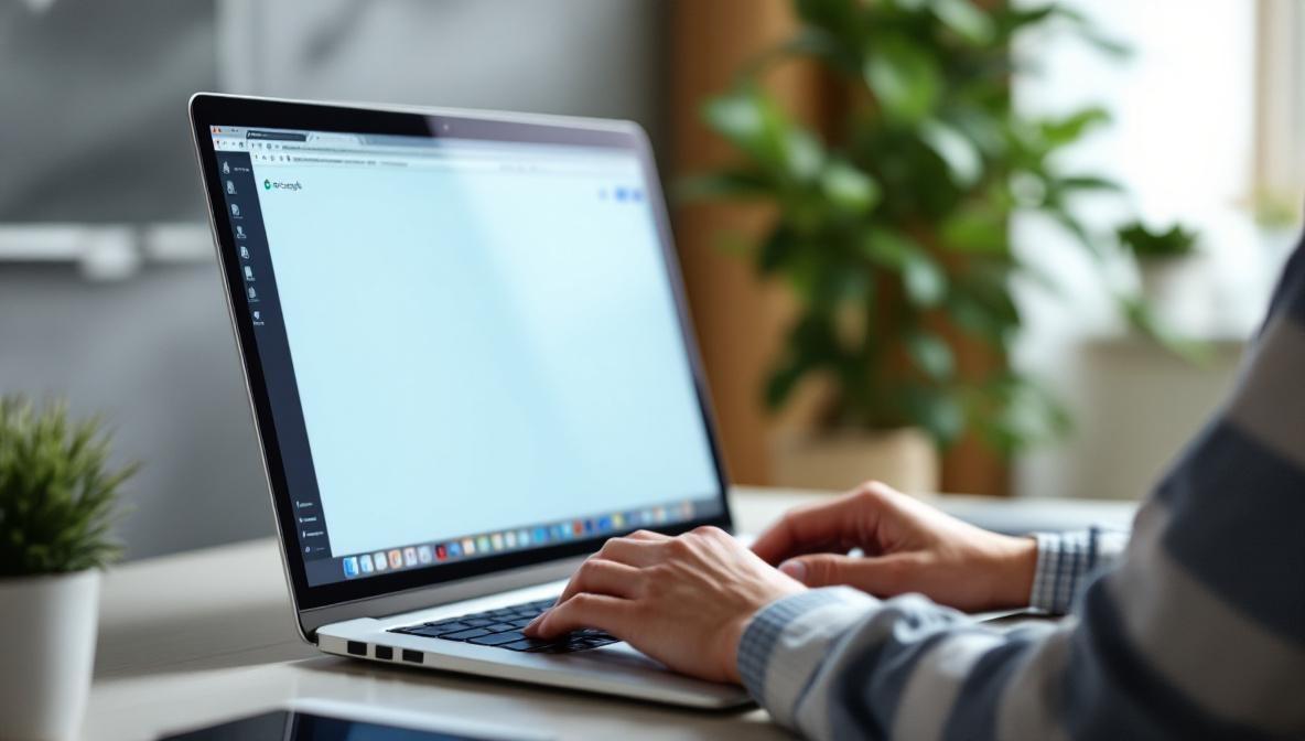 Person am modernen Schreibtisch mit Laptop und Suchergebnissen auf dem Bildschirm