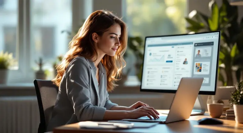 Frau arbeitet am Laptop mit verschiedenen KI-Tools auf dem Bildschirm