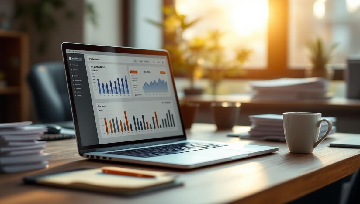 Moderner Büroschreibtisch mit Laptop und Finanz-Dashboard, organisierte Belege
