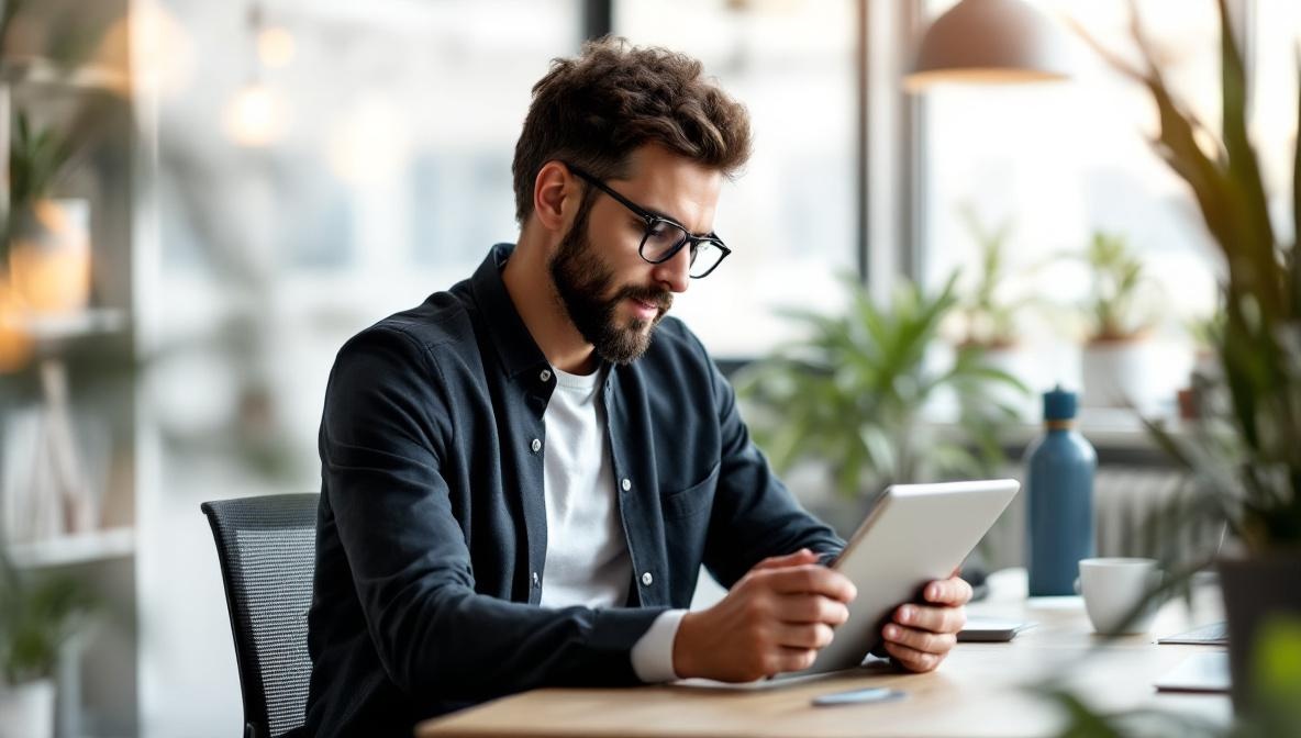 Mittelständischer Unternehmer nutzt KI-Tools auf Tablet im Büro