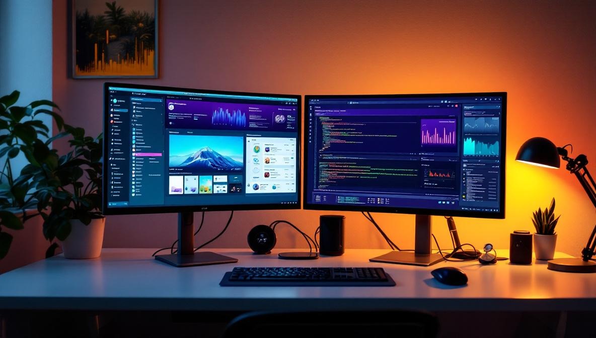 Moderner Arbeitsplatz mit verschiedenen KI-Tool-Oberflächen auf Bildschirmen