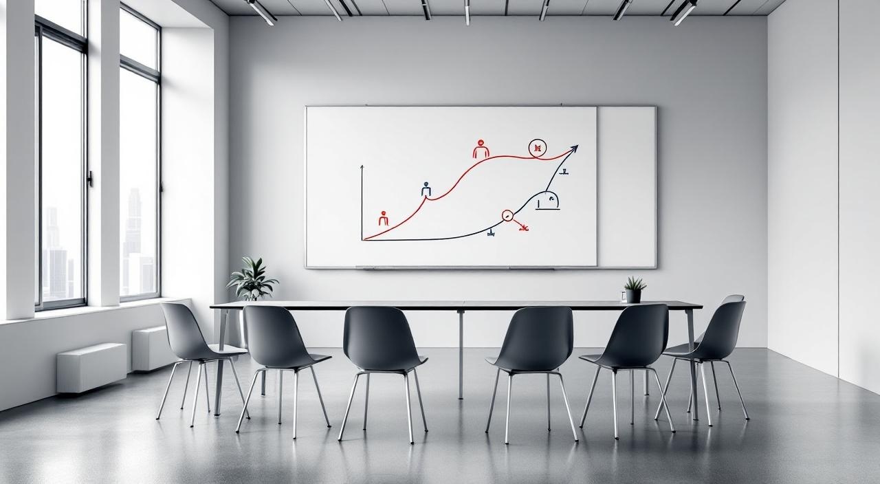 Moderner Trainingsraum mit Whiteboard und Lern-Diagramm, Stühle im Kreis