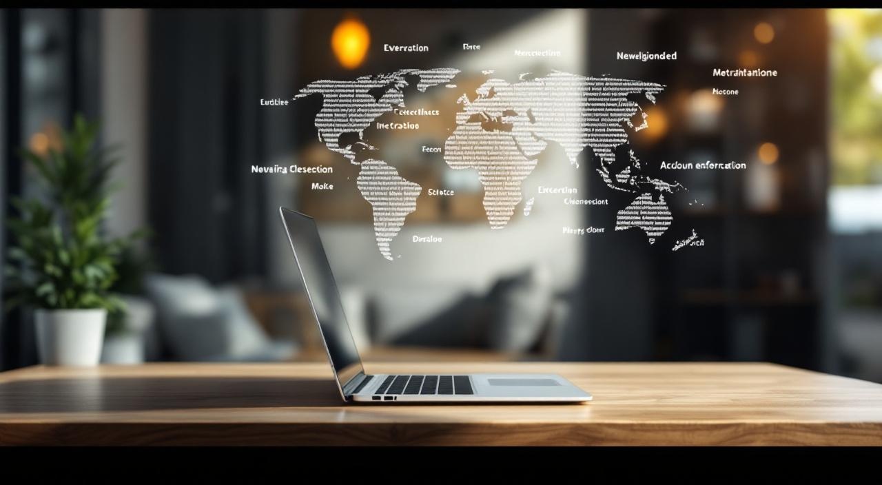 Abstrakter Globus mit Textströmen über Laptop auf modernem Schreibtisch