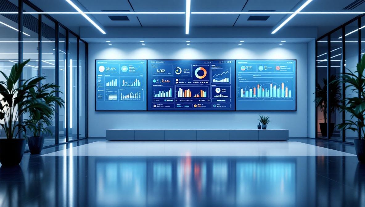 Modernes Versicherungsbüro mit digitalen Datenvisualisierungen auf Bildschirmen