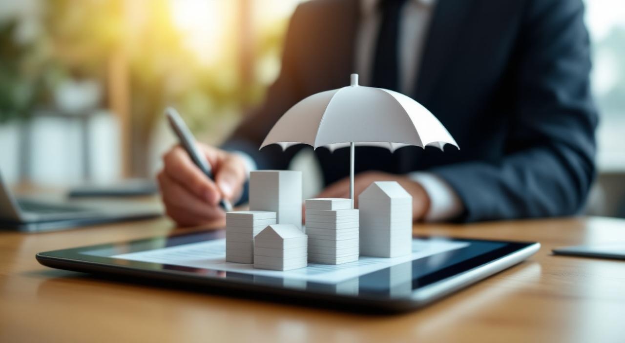 Abstrakte Versicherungspolicen-Shapes auf Tablet mit Regenschirm-Symbol