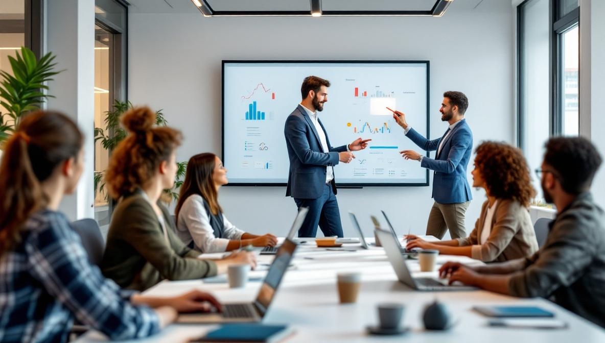 Moderner Schulungsraum mit Teilnehmern an Laptops und Dozent am Whiteboard