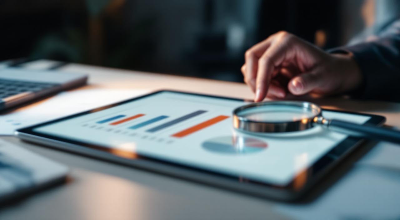 Abstrakte Balkendiagramme und Lupe auf Tablet, strategische Analyse