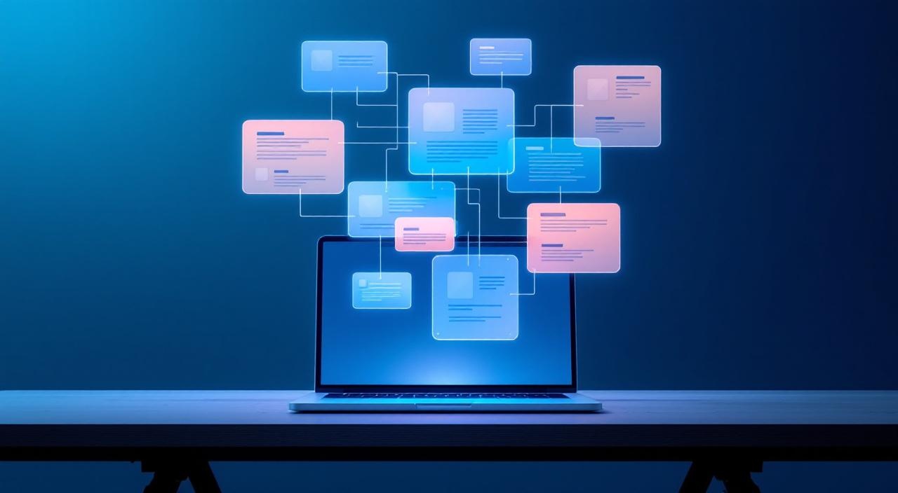 Abstrakte Datenkarten über Laptop schwebend, Wissensgraph-Symbol