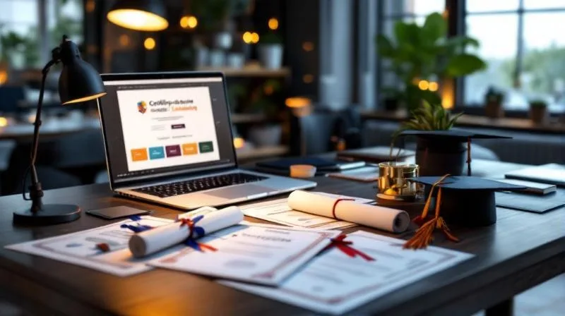 Zertifikate und Diplome auf modernem Schreibtisch mit Laptop