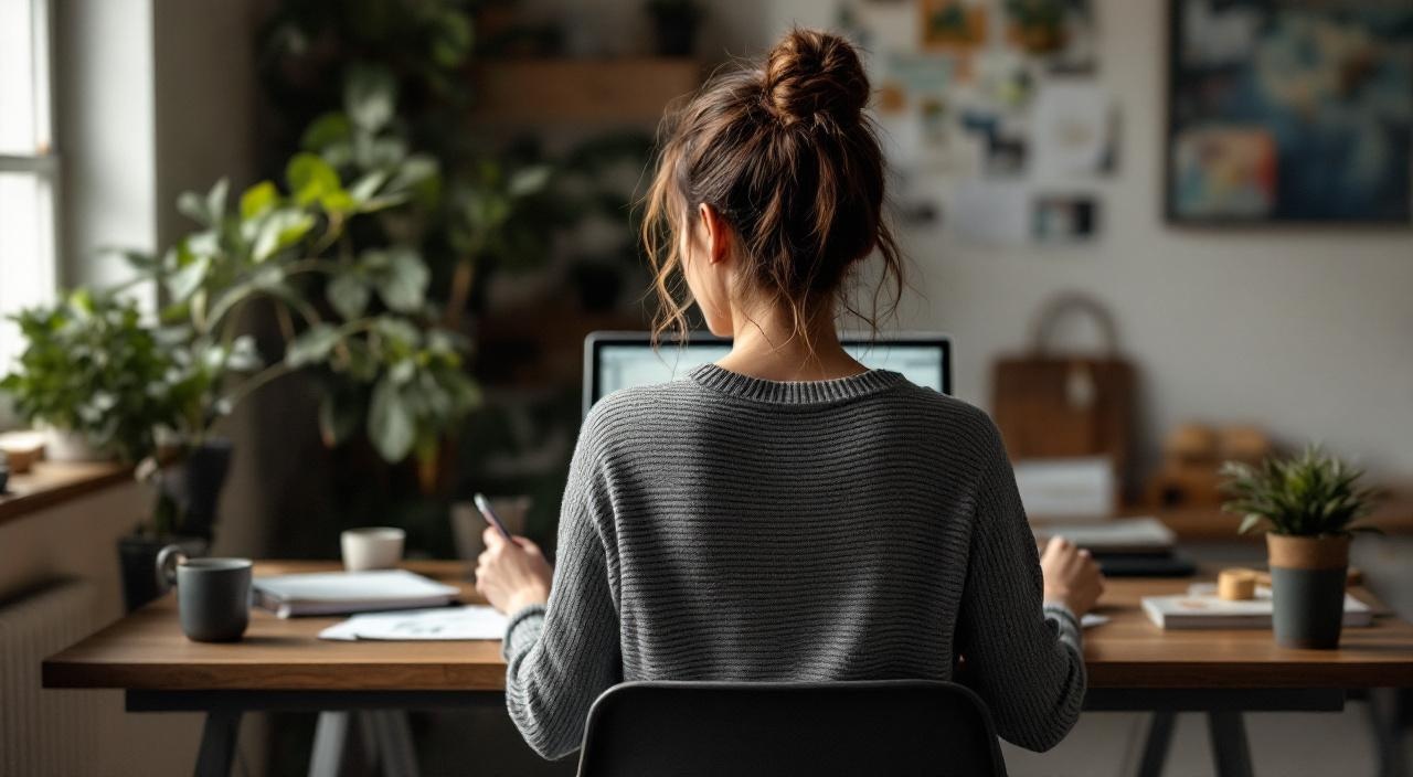 Solo-Professional am Home-Office-Schreibtisch, fokussierte Arbeitsatmosphäre