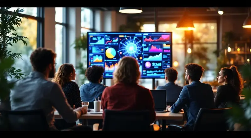 Gruppe von Fachkräften in einem modernen Büro, die gemeinsam auf einen Bildschirm mit KI-Visualisierungen schauen