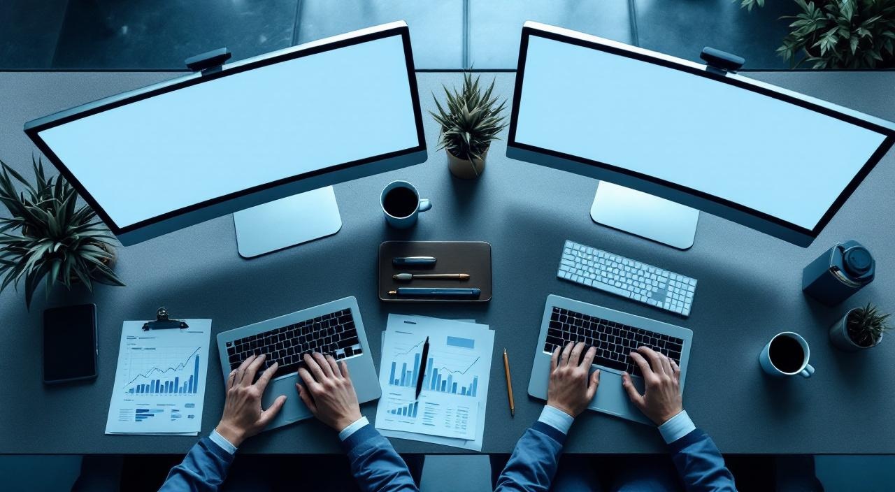 Bank-Mitarbeiter am modernen Arbeitsplatz mit Datenmonitoren