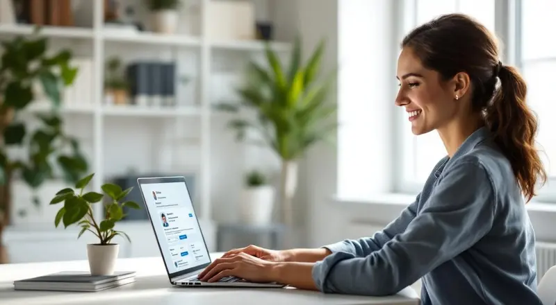 Frau optimiert ihr LinkedIn Profil am Laptop in einem hellen Homeoffice