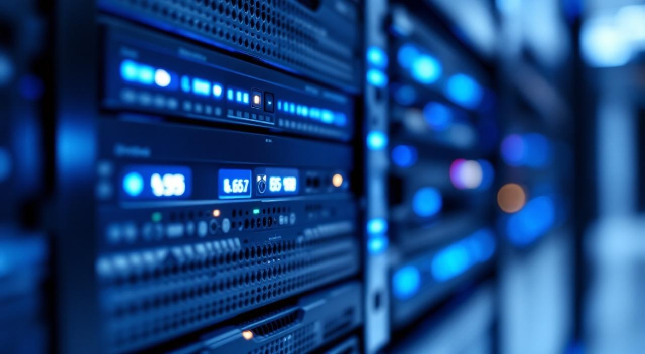 Server-Hardware in kühlem blauen Licht, modernes Rechenzentrum