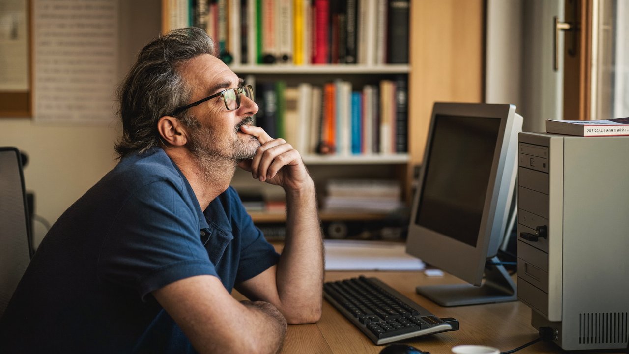 Moderner Mini-PC auf Schreibtisch mit abstrakten Datenströmen, lokale KI-Infrastruktur
