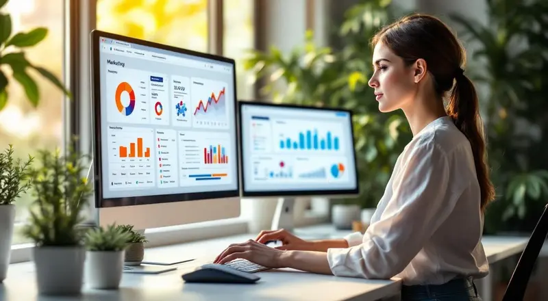 Marketing-Fachkraft arbeitet am Laptop mit Marketing-Automation-Dashboard