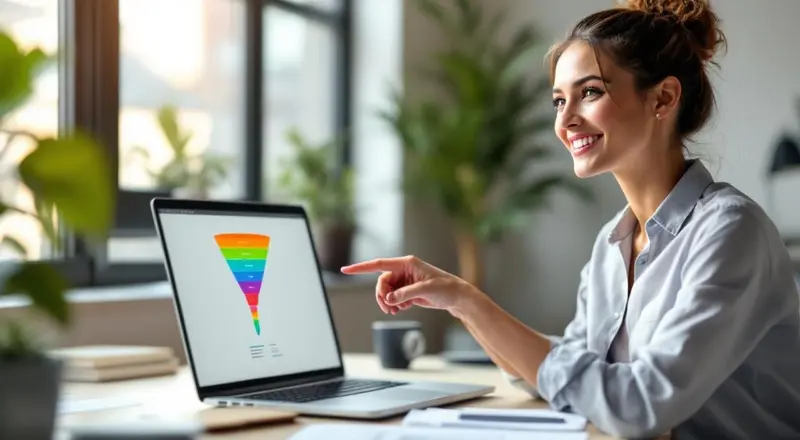 Laptop mit Marketing-Funnel-Diagramm auf dem Bildschirm, Frau zeigt auf die verschiedenen Stufen