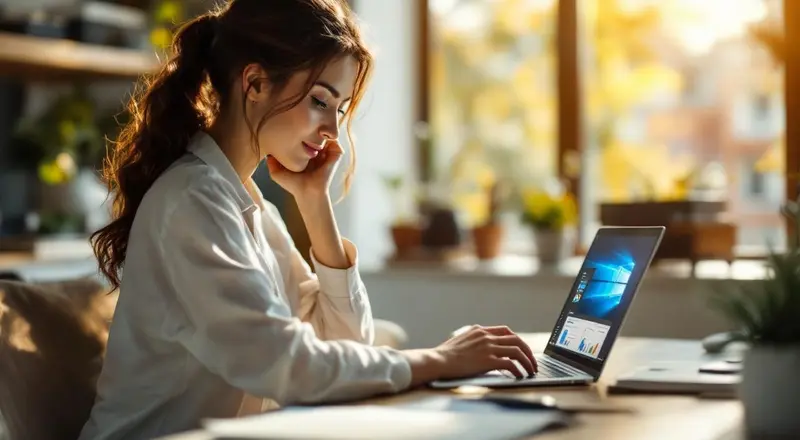 Frau arbeitet am Laptop mit Microsoft Copilot Oberfläche