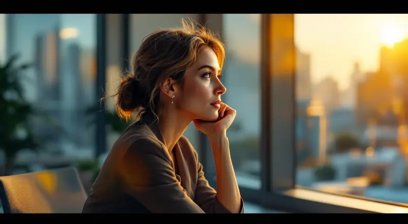 Frau Anfang 40 sitzt nachdenklich am Schreibtisch und schaut aus dem Fenster