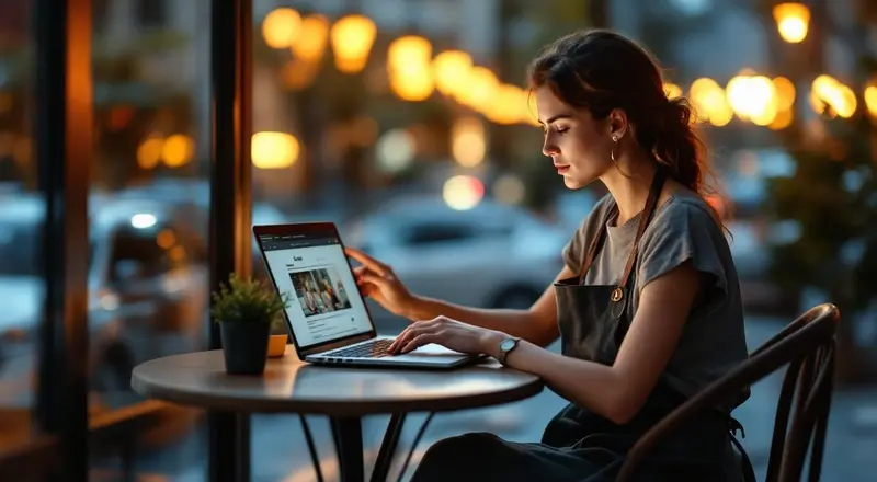 Frau Ende 20 am Cafetisch abends mit Laptop und Barista-Schürze