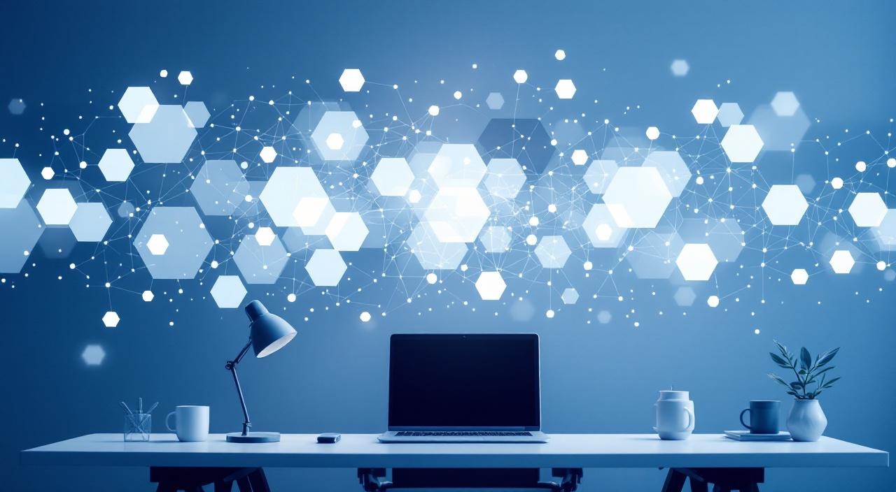Abstrakte Hexagon-Formen und Datenflüsse über modernem Schreibtisch