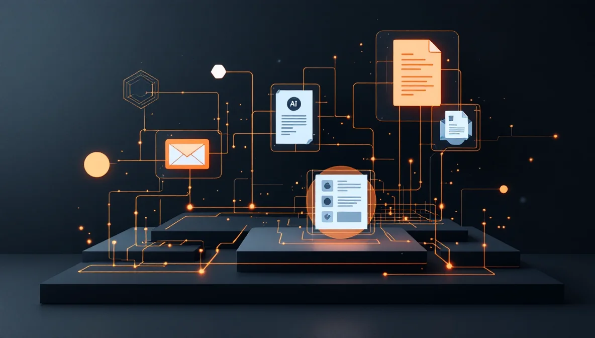 Abstrakte Visualisierung von KI-Werkzeugen im Büro-Alltag in Orange und Schwarz
