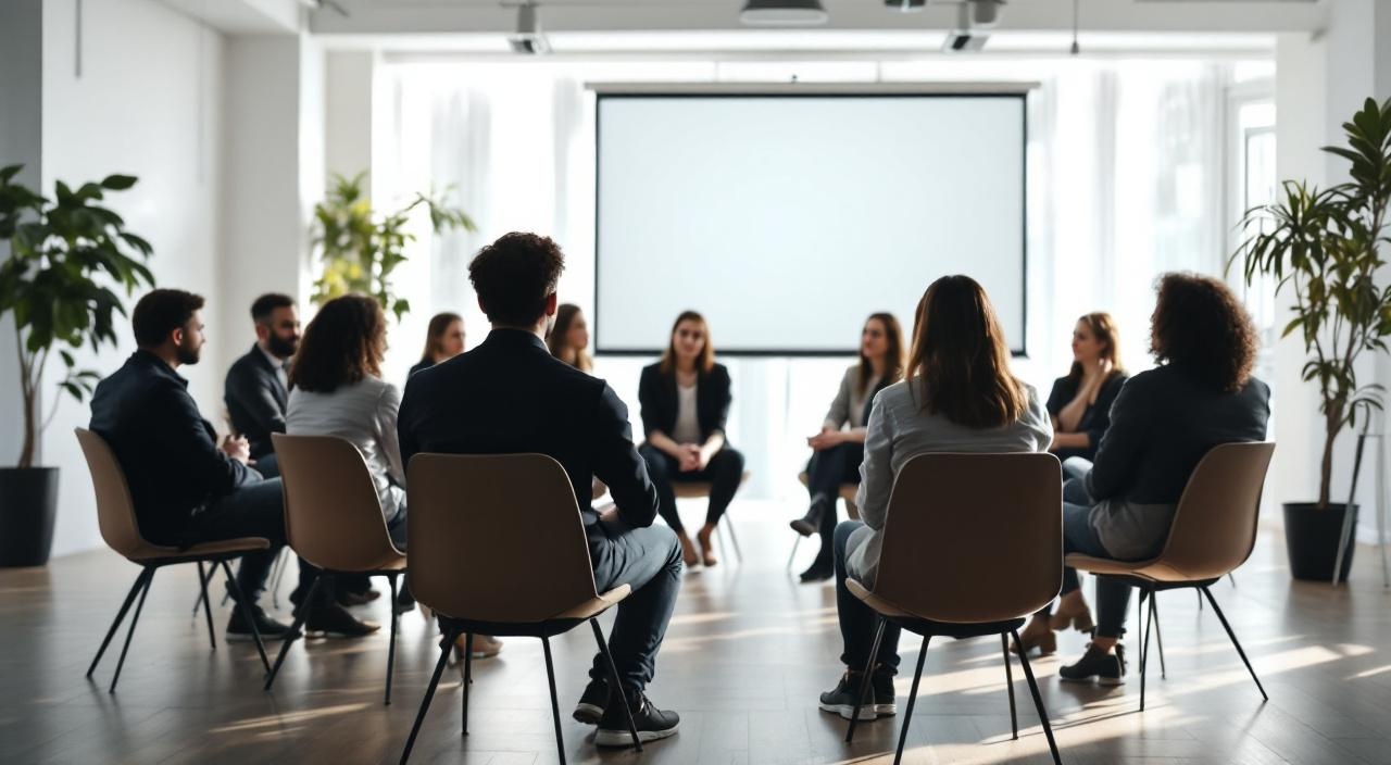 Anonyme Gruppe sitzt im Kreis in Trainingsraum, ruhige Atmosphäre