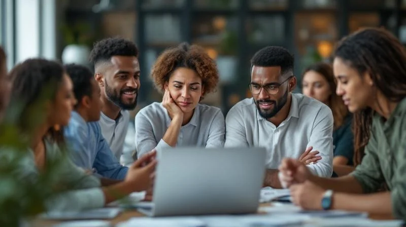 Team im Workshop, einige schauen besorgt auf Laptop, Manager erklärt empathisch