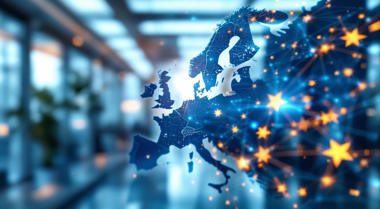 Geschäftsmann vergleicht KI-Tools auf Tablet, EU-Flagge im Hintergrund