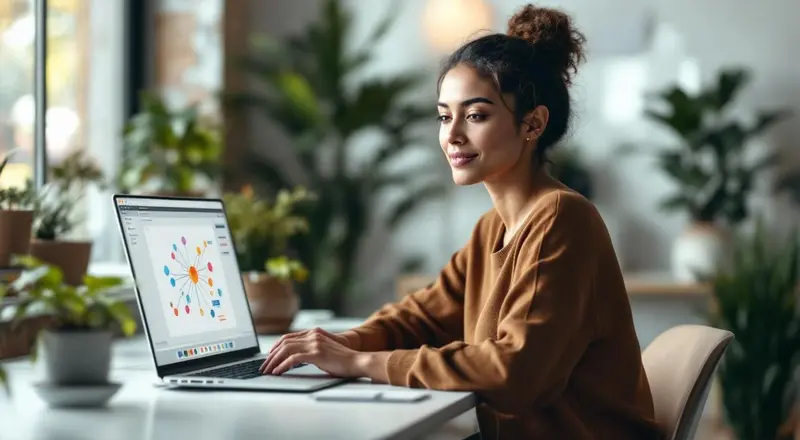 Frau erstellt einen visuellen n8n Workflow am Laptop in einem hellen Home Office