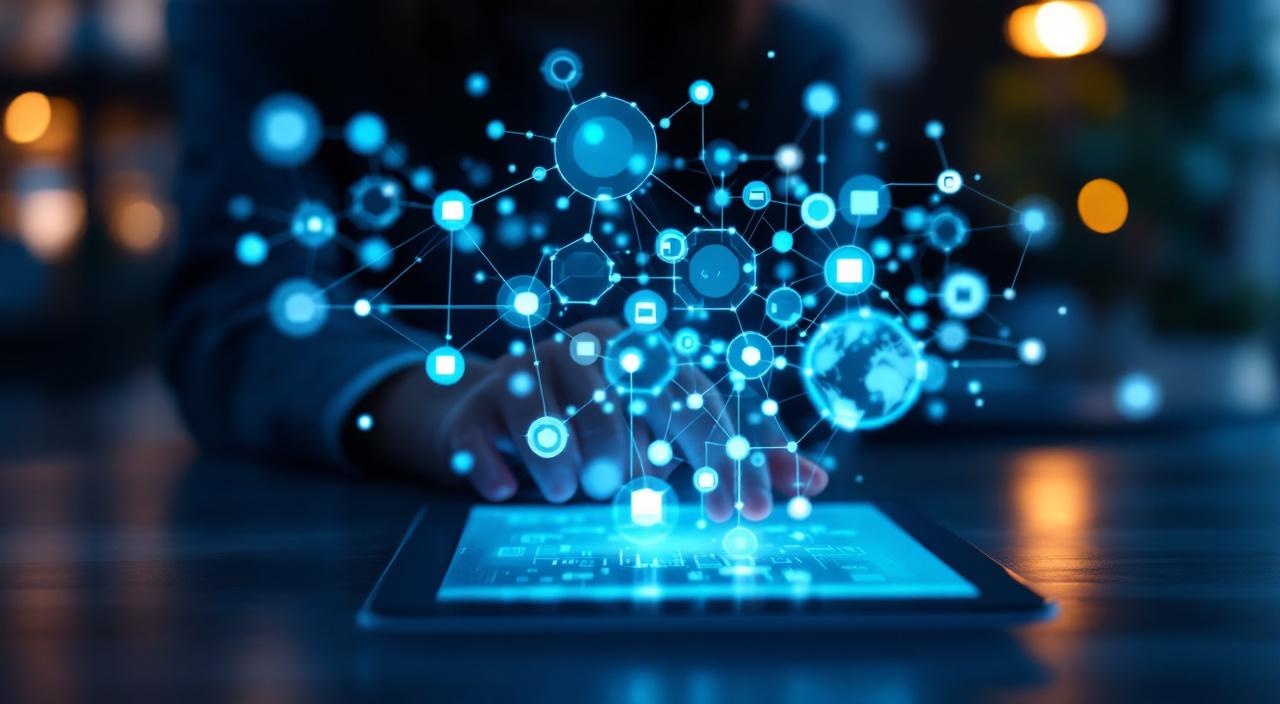 Abstrakter Workflow-Diagramm mit verbundenen Knoten über Tablet schwebend