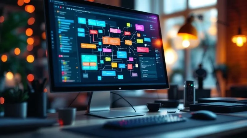 Bildschirm mit farbigem Workflow-Diagramm und verbundenen Nodes auf modernem Schreibtisch