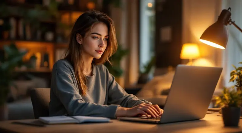 Frau arbeitet abends entspannt am Laptop im Home Office
