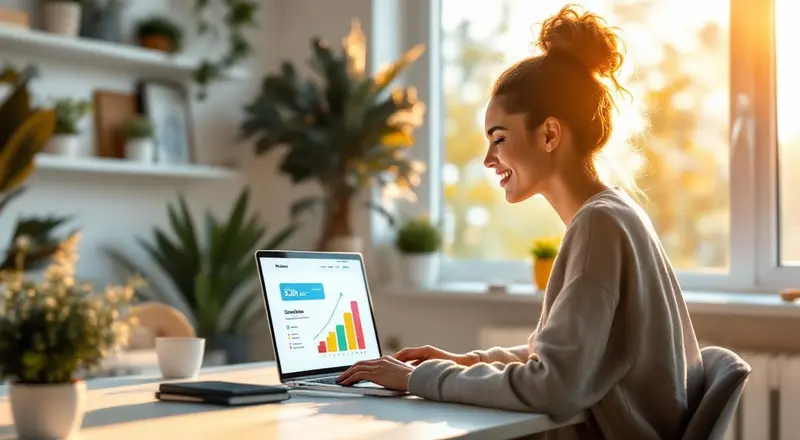 Frau am Laptop erstellt einen Newsletter mit Abonnenten-Wachstumsgrafik auf dem Bildschirm