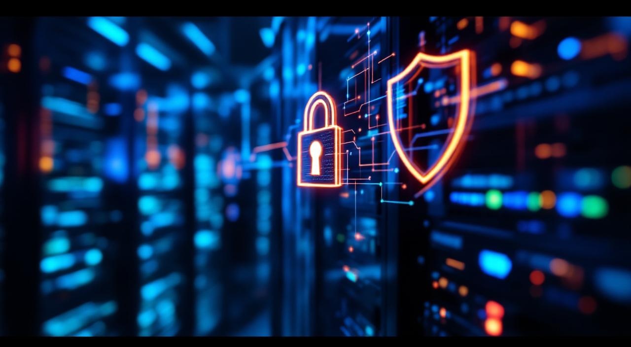 Abstraktes Schloss und Schild über Serverrack im blauen Licht