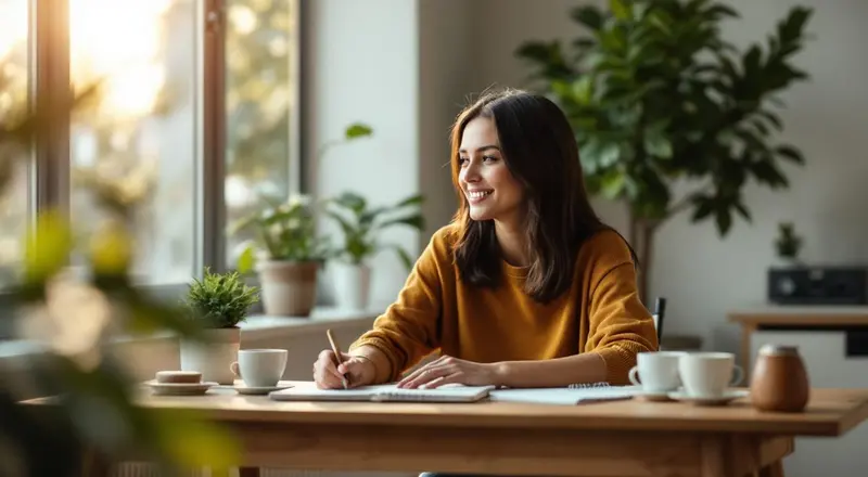 Aufgeräumter Schreibtisch mit Laptop, Notizbuch und Kaffeetasse im natürlichen Licht