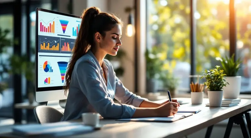 Notizbuch mit Online Marketing Strategie Plan auf Schreibtisch