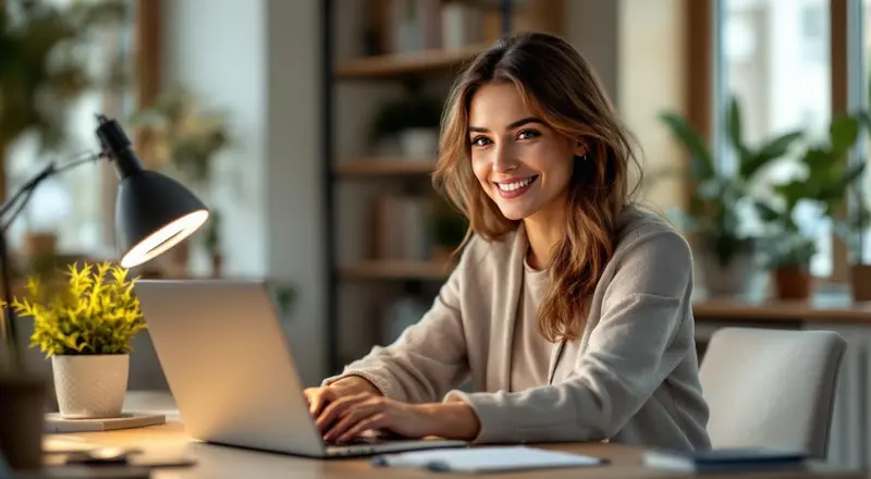 Frau sitzt am Schreibtisch vor Laptop mit Videocall-Ansicht, Ringlicht, aufgeräumter Hintergrund