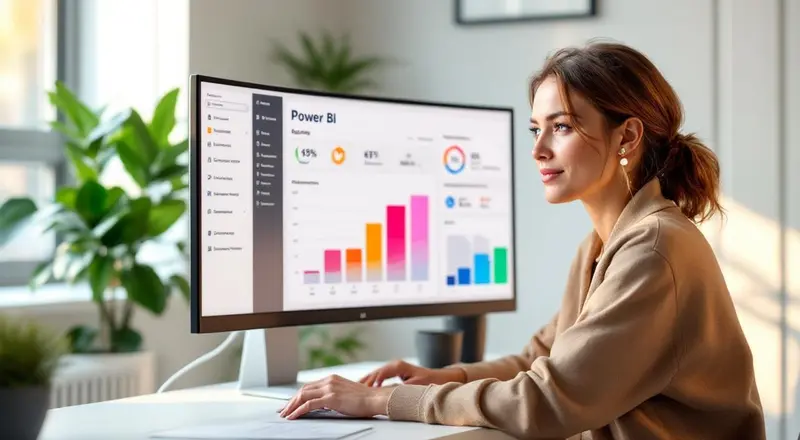 Frau betrachtet ein Power BI Dashboard auf einem Monitor